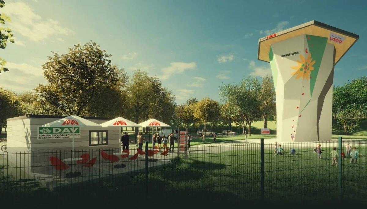 Visualisierung des Kletterturms Wangen mit Logos als Kennzeichnung für die verschiedenen Sponsorenpakete | © DAV Wangen